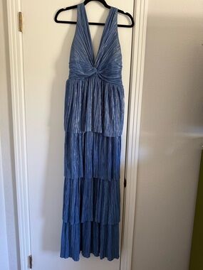 Blue Tiered V-Neck metallic Maxi Dress